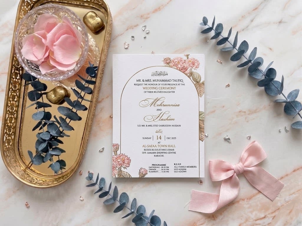 Ivory Arch Peony Floral Wedding Invitation Card | Shahi Bulawa Karachi thumbnail 2
