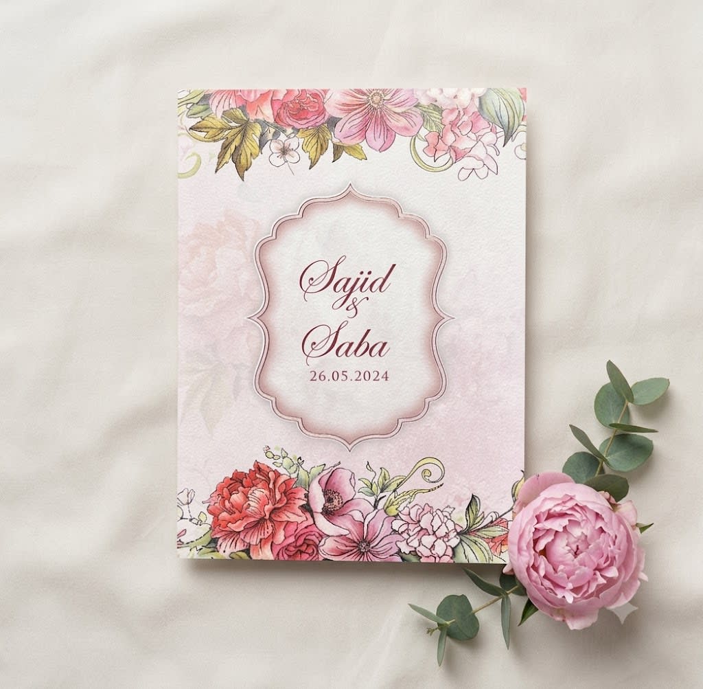 A classic watercolor floral wedding card with vibrant pink and lavender flower borders surrounding a vintage center frame.