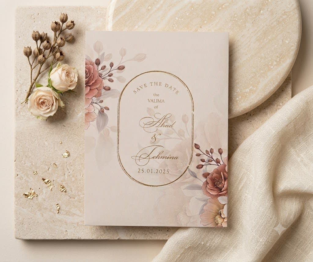 A romantic terracotta and peach floral wedding card suite with a modern arch frame envelope cover and a matching insert card.