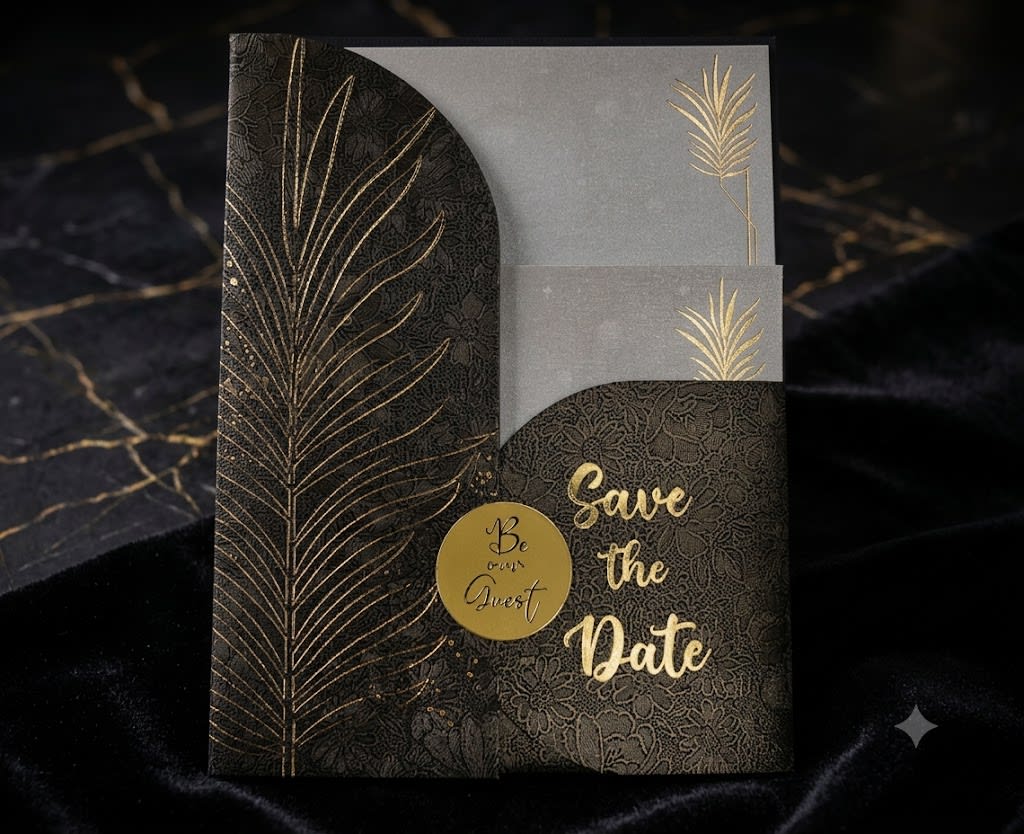 Minimalist Save the Date Wedding Card with Gold Leaf Pouch in Karachi - Shahi Bulawa — view 3