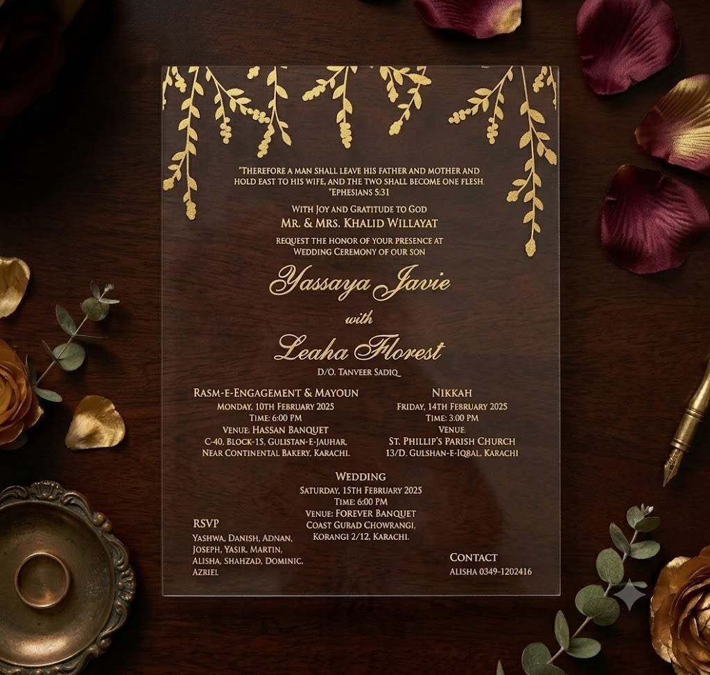 Red Frosted Acrylic Wedding Card with Gold Foil Vines in Karachi - Shahi Bulawa thumbnail 3