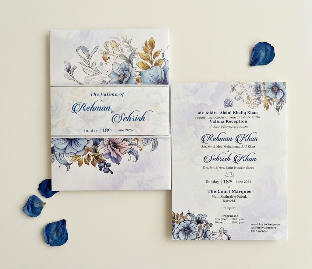 Blue Watercolor Floral Wedding Card with Gold Highlights in Karachi - Shahi Bulawa thumbnail 3