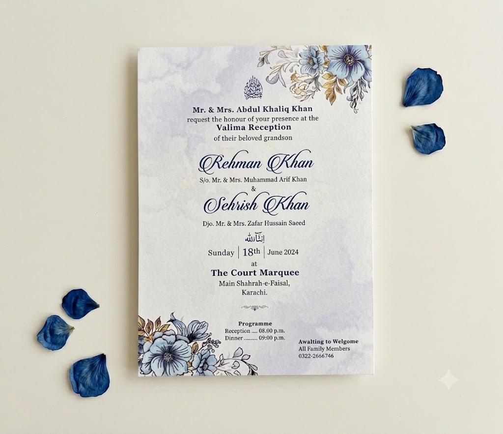 Blue Watercolor Floral Wedding Card with Gold Highlights in Karachi - Shahi Bulawa thumbnail 2