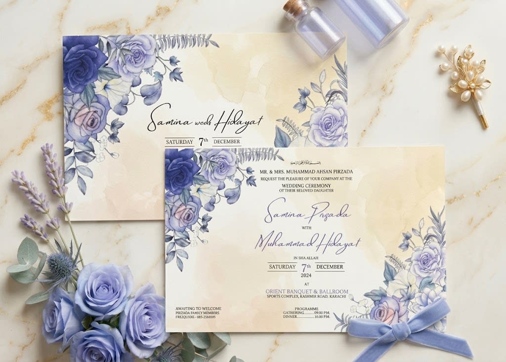 Dusty Blue Watercolour Landscape Wedding Card | Shahi Bulawa Karachi thumbnail 3