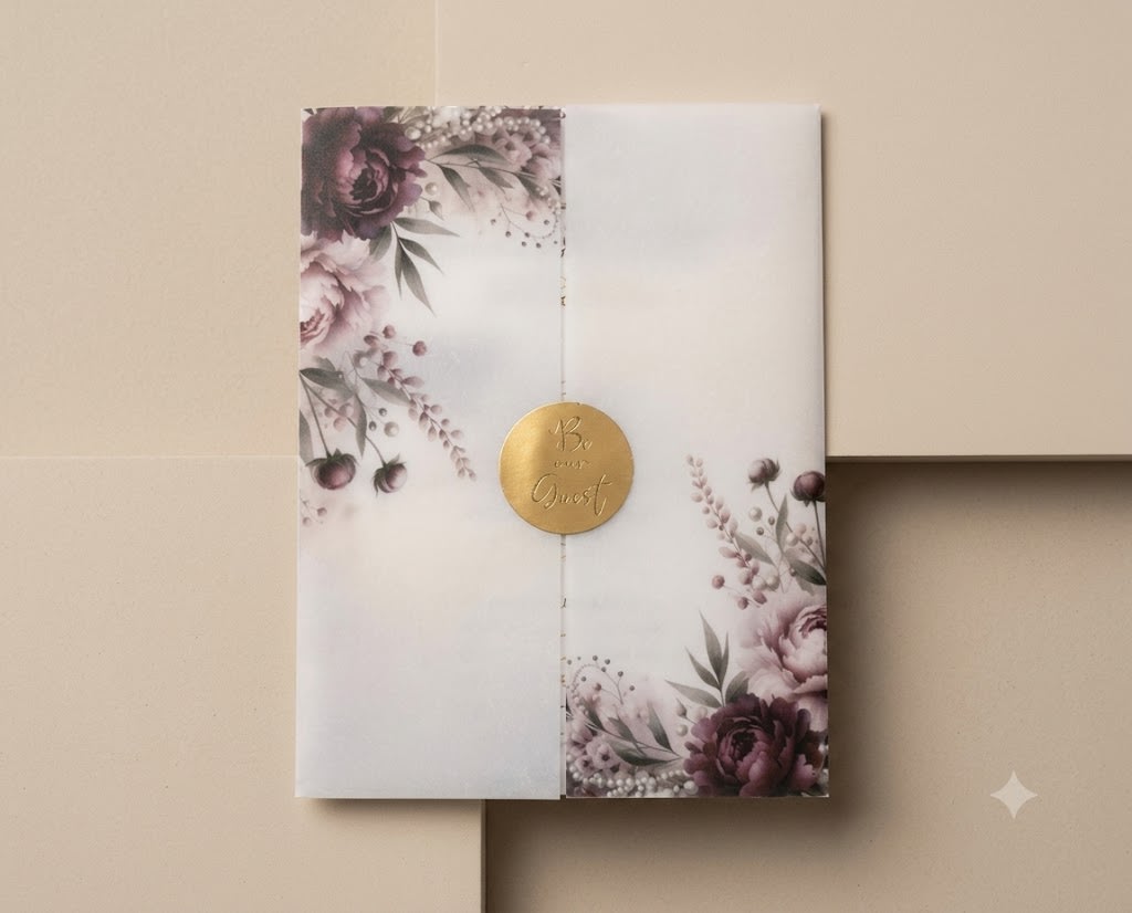 Dark Maroon Vellum Wedding Card with Plum Flowers Print in Karachi - Shahi Bulawa — view 3