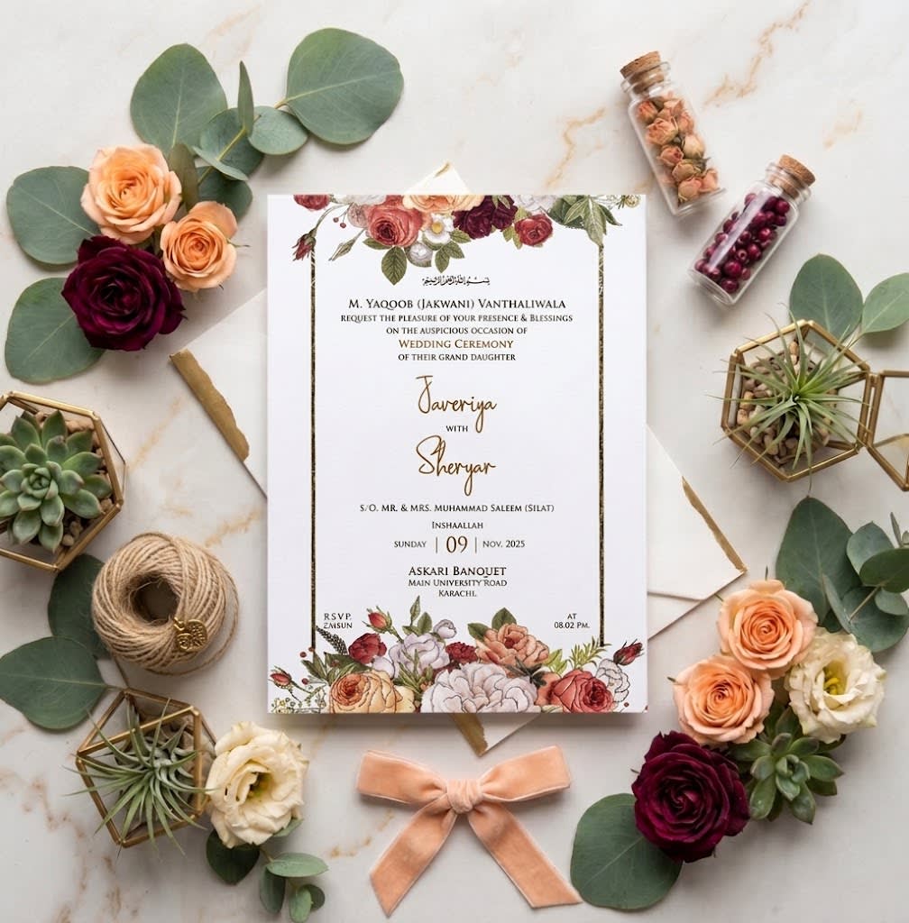 Vintage Rose Cluster Wedding Invitation Card | Shahi Bulawa Karachi thumbnail 2