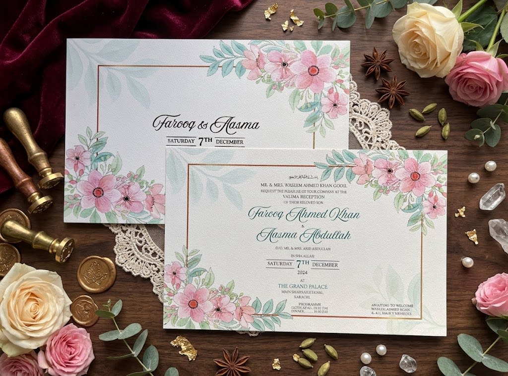 Pink Cosmos Floral Landscape Valima Card | Shahi Bulawa Karachi thumbnail 3