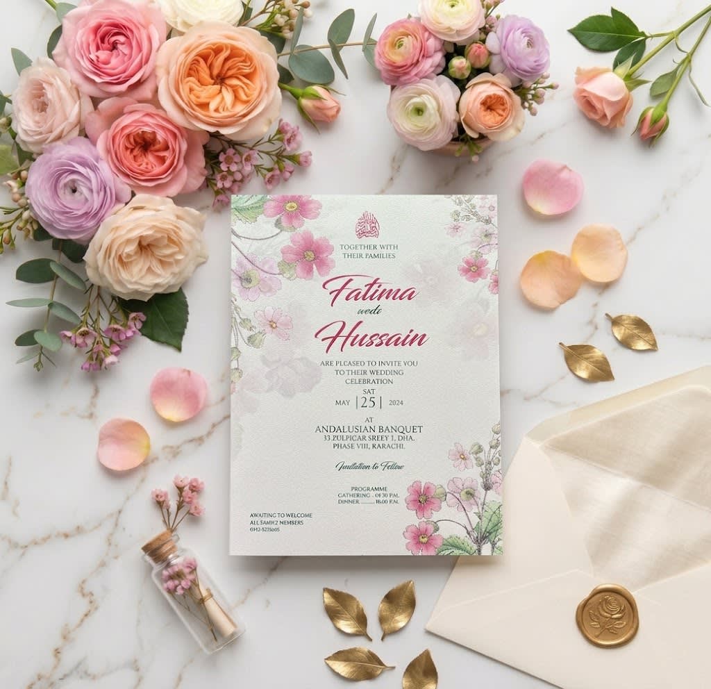 Heptagon Gold Frame Floral Save the Date Card | Shahi Bulawa Karachi thumbnail 2
