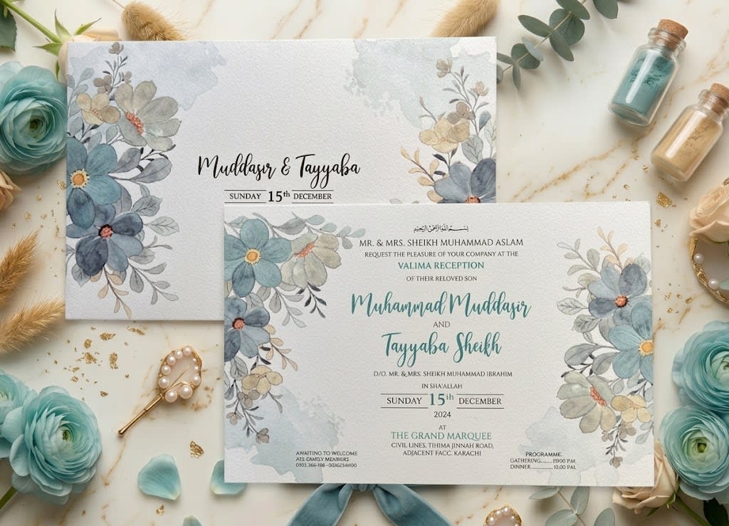 Dusty Blue Floral Landscape Wedding Card | Shahi Bulawa Karachi thumbnail 3