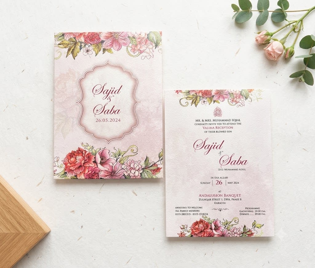 Watercolor Floral Wedding Card with Ornate Frame in Karachi - Shahi Bulawa thumbnail 3