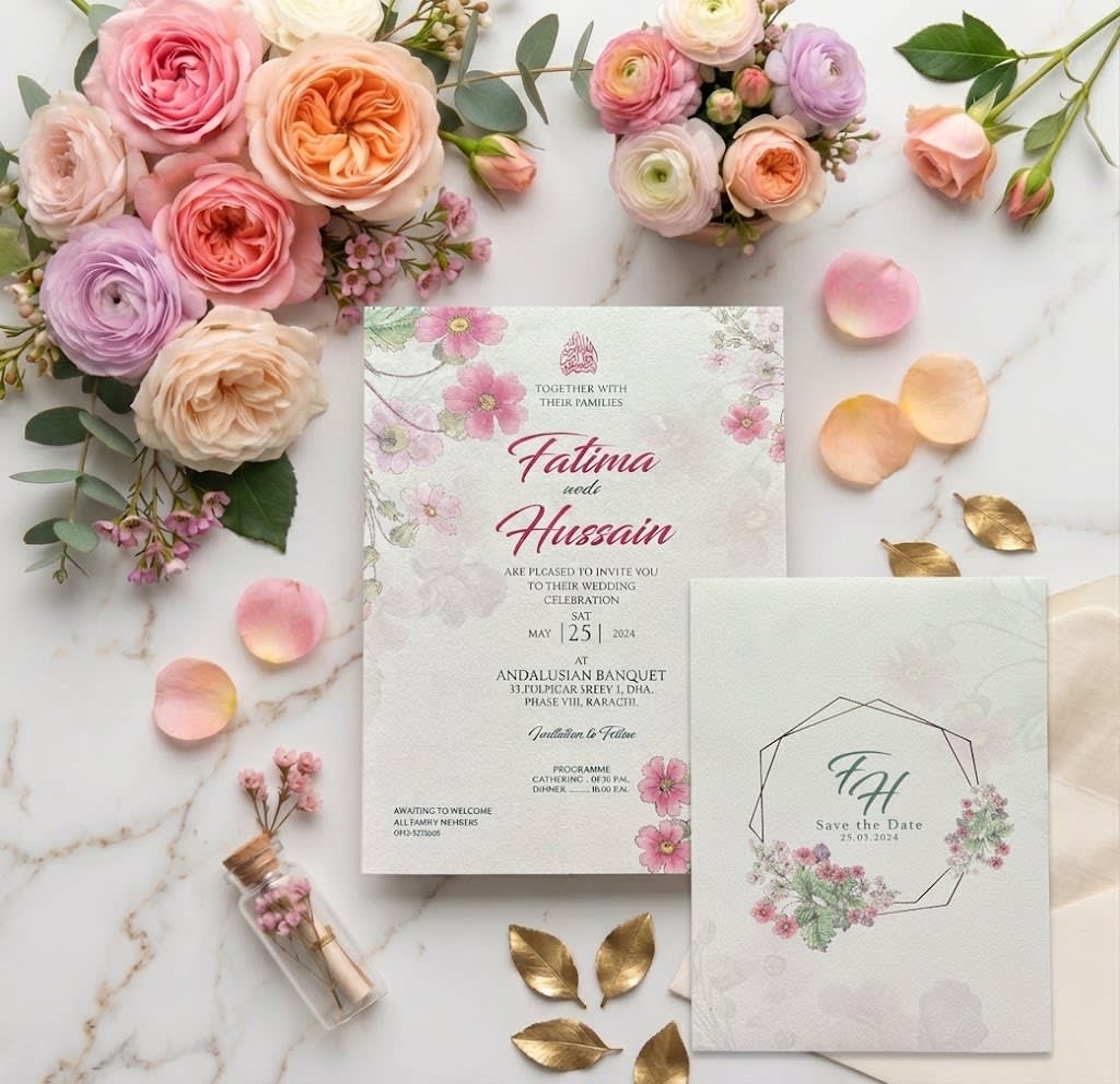 Heptagon Gold Frame Floral Save the Date Card | Shahi Bulawa Karachi thumbnail 3