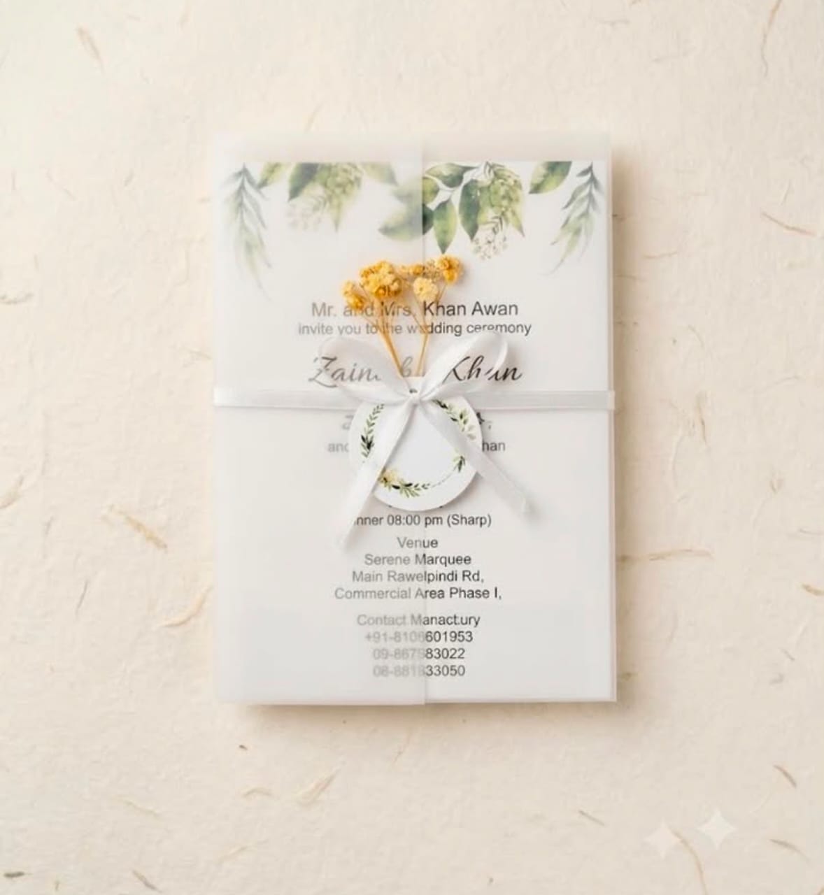 Elegant Floral Shadi Card with Vellum and Dried Flowers | Shahi Bulawa Krachi