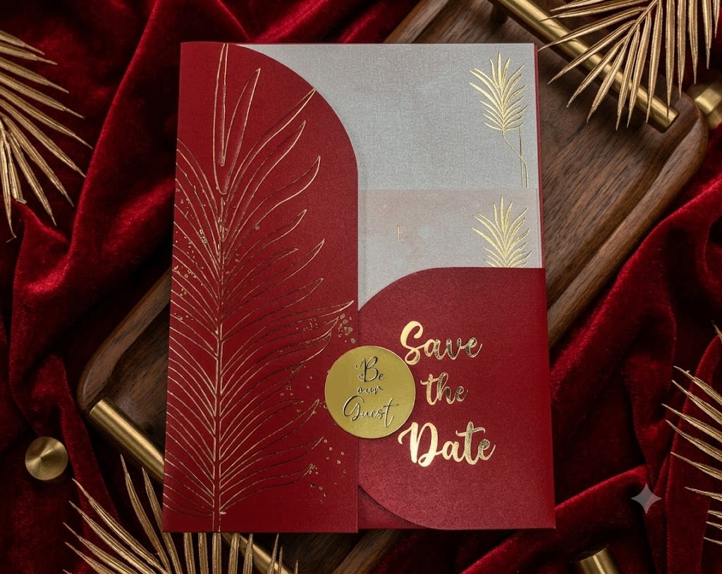 Minimalist Save the Date Wedding Card with Gold Leaf Pouch in Karachi - Shahi Bulawa — view 2