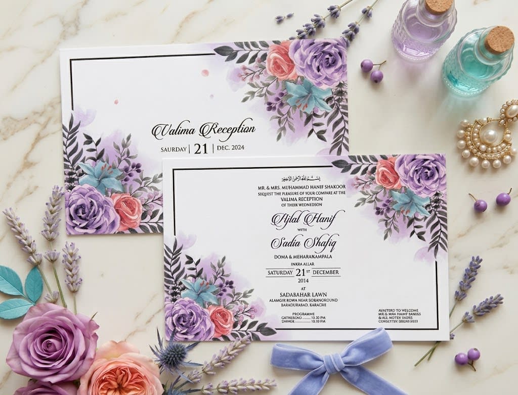 Lavender & Peach Rose Landscape Valima Card | Shahi Bulawa Karachi thumbnail 3