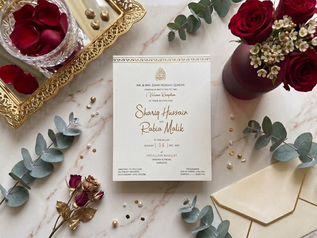 Ivory & Gold Foil Engraved Valima Reception Card | Shahi Bulawa Karachi thumbnail 2
