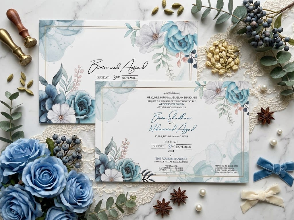 Dusty Blue Floral Landscape Valima Card | Shahi Bulawa Karachi thumbnail 3
