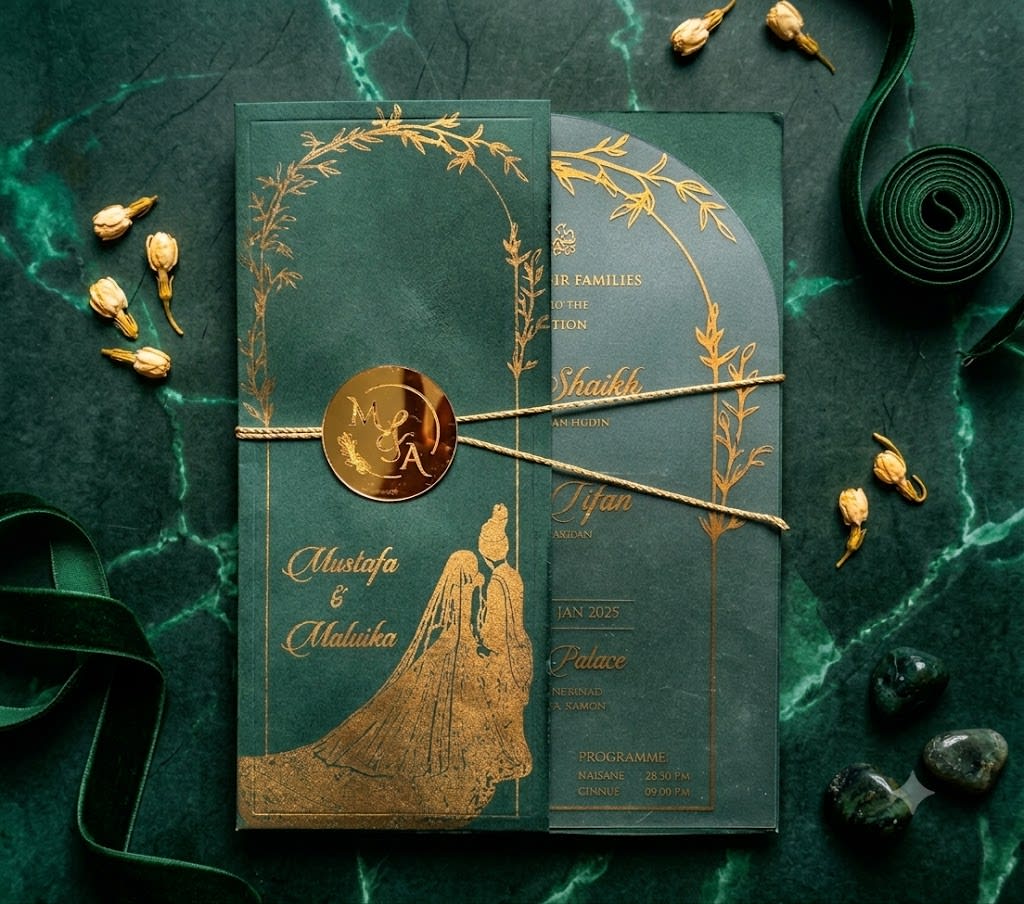 Green Frosted Acrylic Wedding Card with Gold Arch Vines in Karachi - Shahi Bulawa thumbnail 2