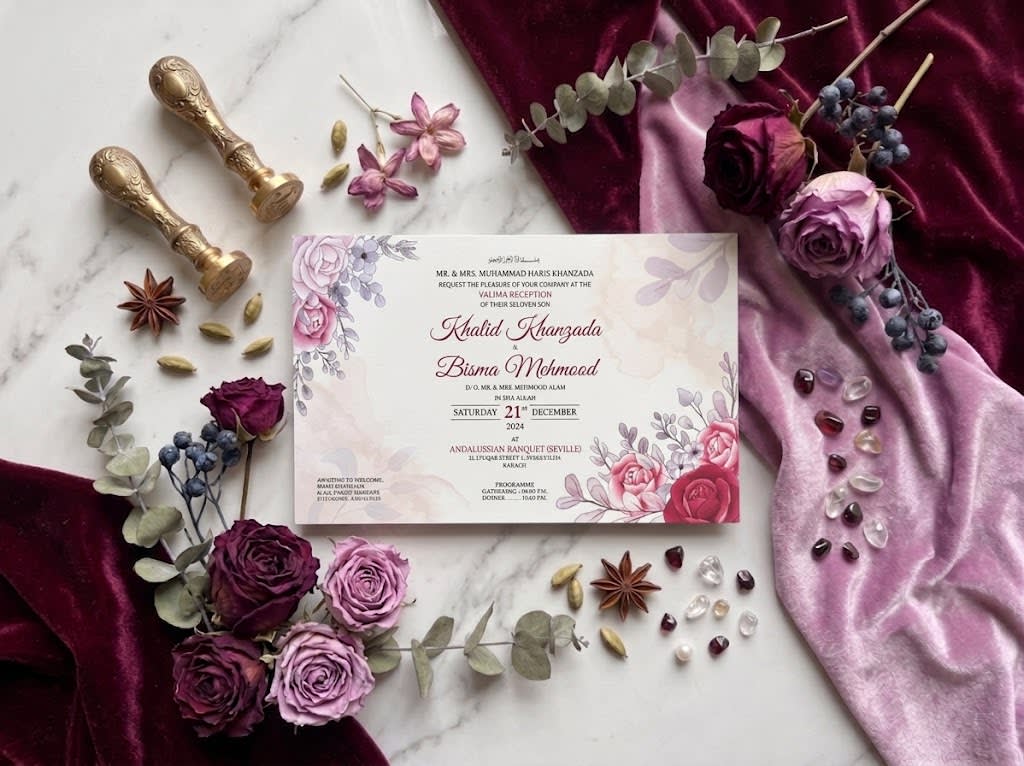 Mauve & Burgundy Rose Landscape Wedding Card | Shahi Bulawa Karachi thumbnail 2
