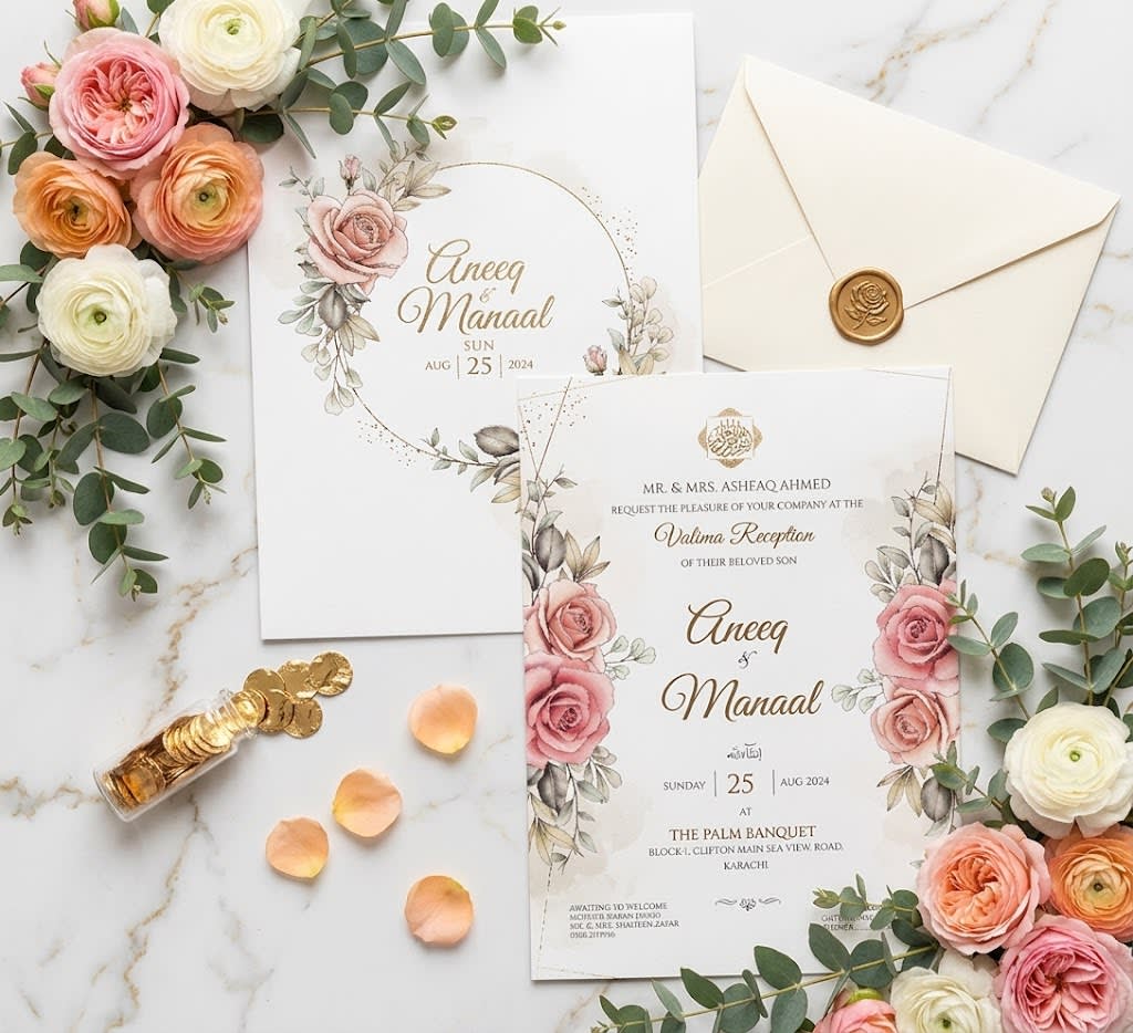 Gold Wreath Ring Rose Wedding Invitation Card | Shahi Bulawa Karachi thumbnail 3