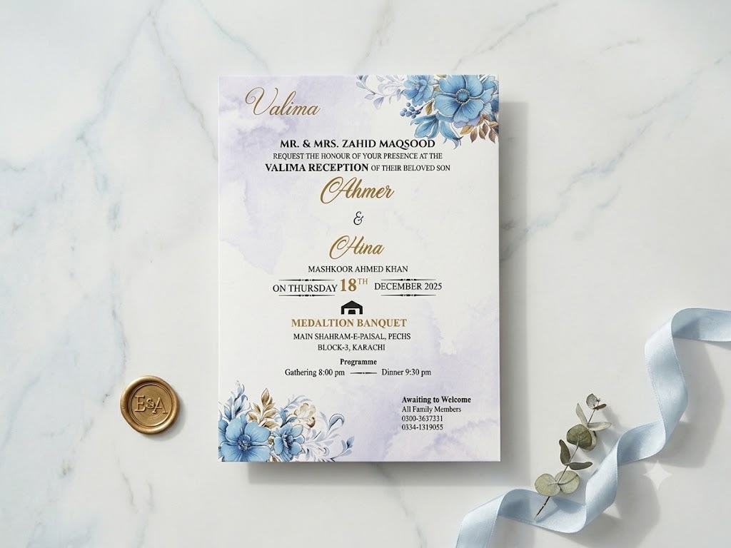 Blue Watercolor Wedding Card with Elegant Floral Envelope in Karachi - Shahi Bulawa thumbnail 2