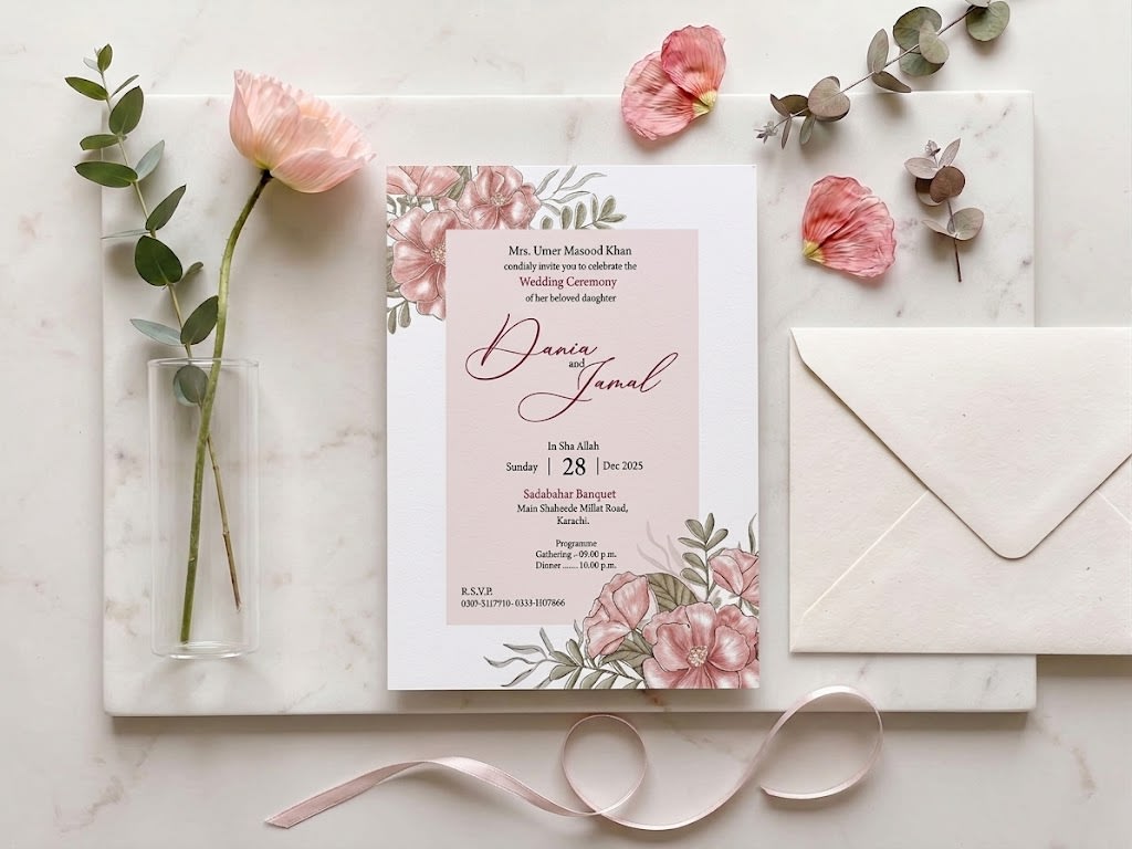 Pink Rose Bouquet Wedding Invitation Card | Shahi Bulawa Karachi thumbnail 2