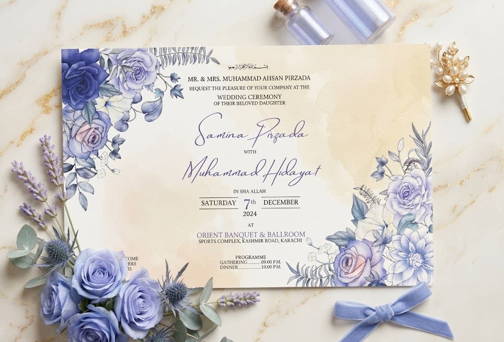 Dusty Blue Watercolour Landscape Wedding Card | Shahi Bulawa Karachi thumbnail 2