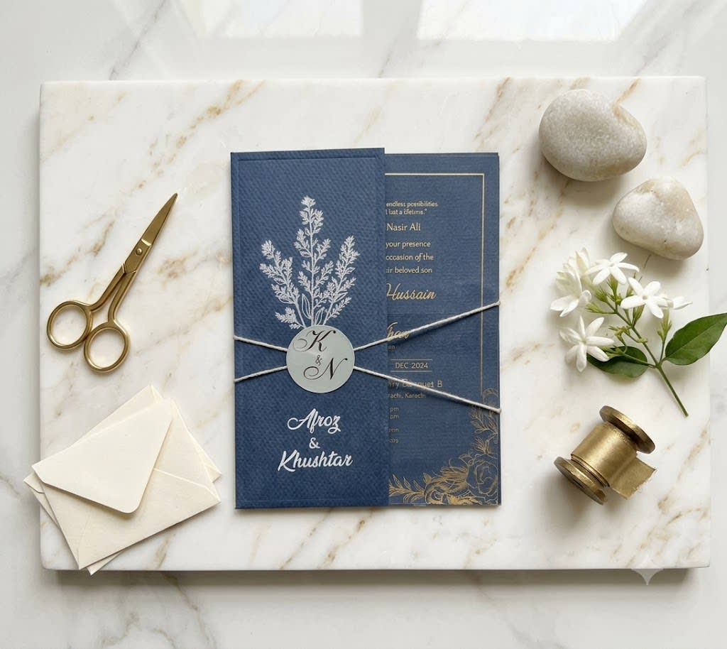 Clear transparent acrylic wedding card with gold foil text and corner floral borders