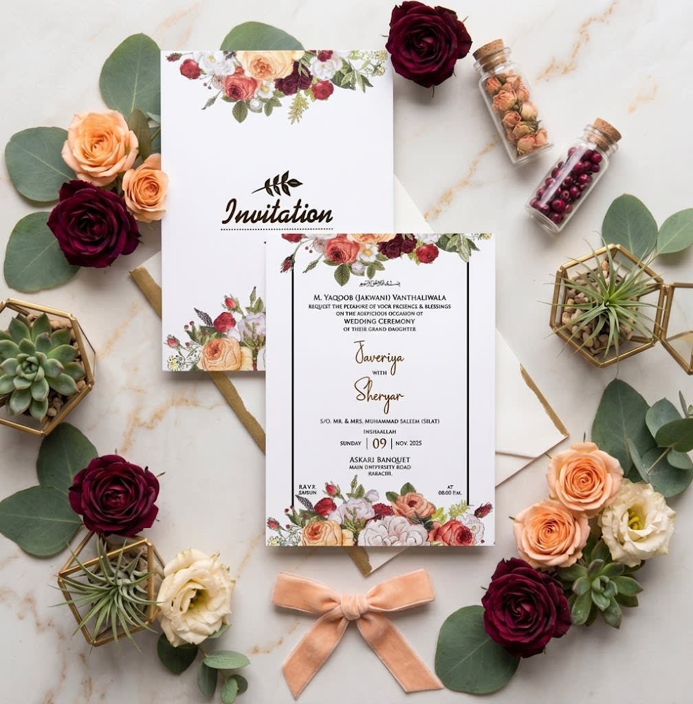 Vintage Rose Cluster Wedding Invitation Card | Shahi Bulawa Karachi thumbnail 3
