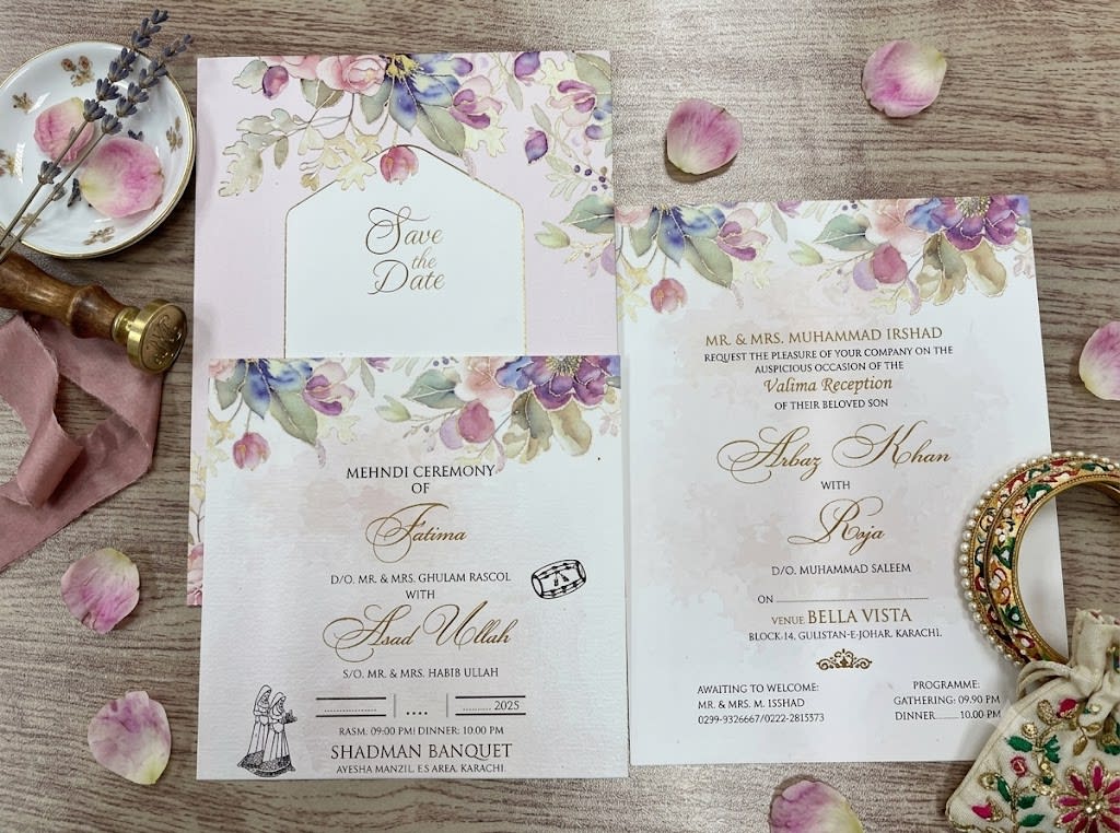 Pastel Floral Wedding Card with Gold Foil Window in Karachi - Shahi Bulawa thumbnail 2
