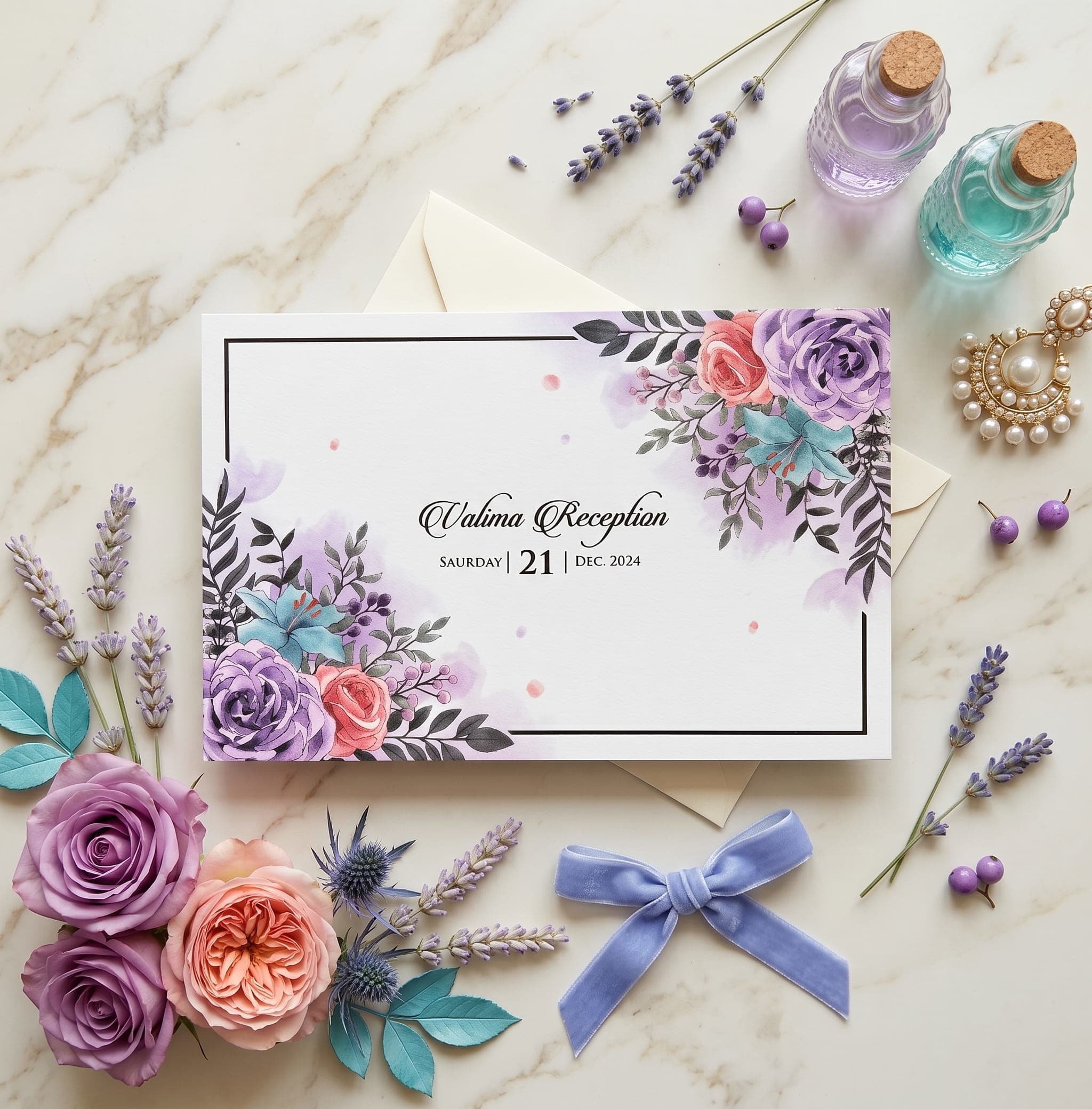 Landscape valima reception card with lilac and peach watercolour roses and a thin black frame by Shahi Bulawa Karachi