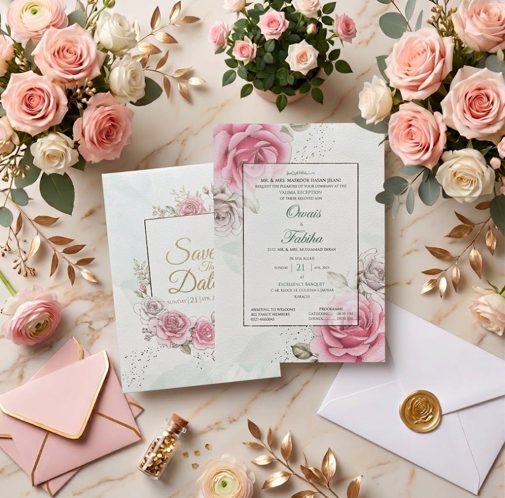 Large Pink Rose Valima Reception Card | Shahi Bulawa Karachi thumbnail 3