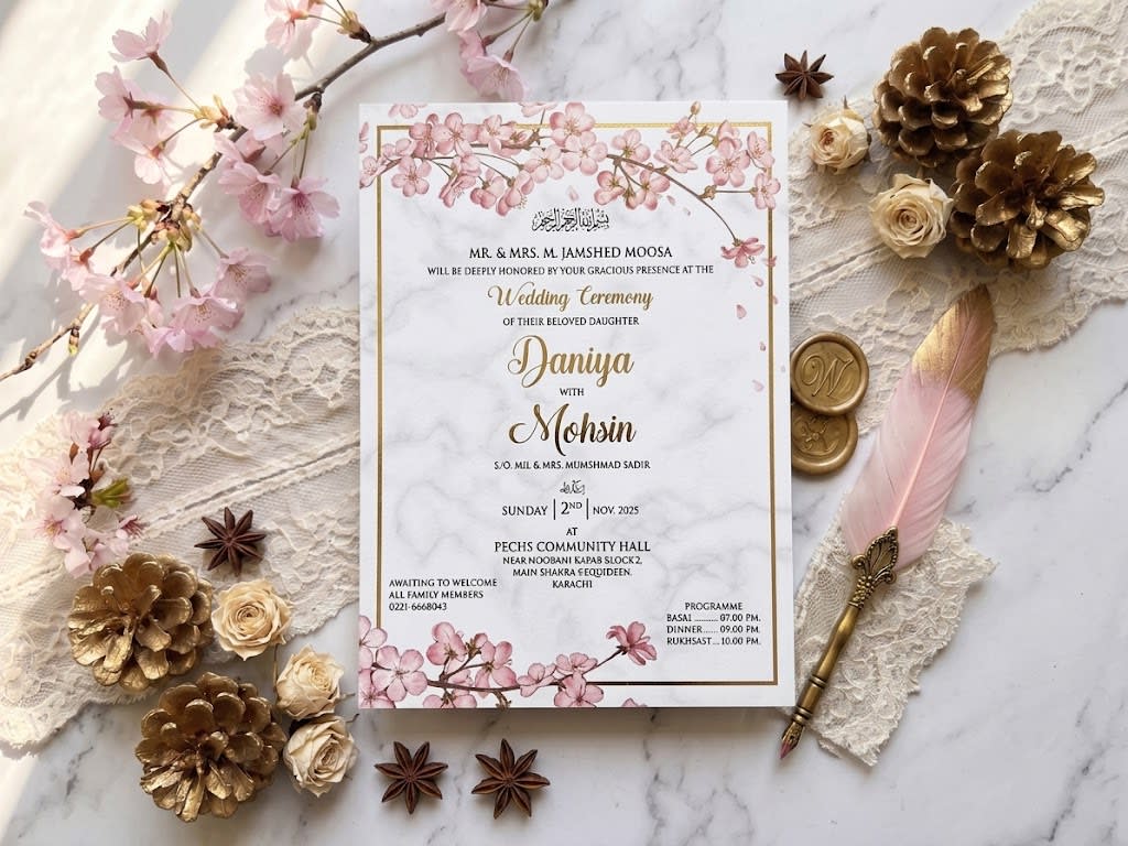 Marble & Cherry Blossom Save the Date Card | Shahi Bulawa Karachi thumbnail 2