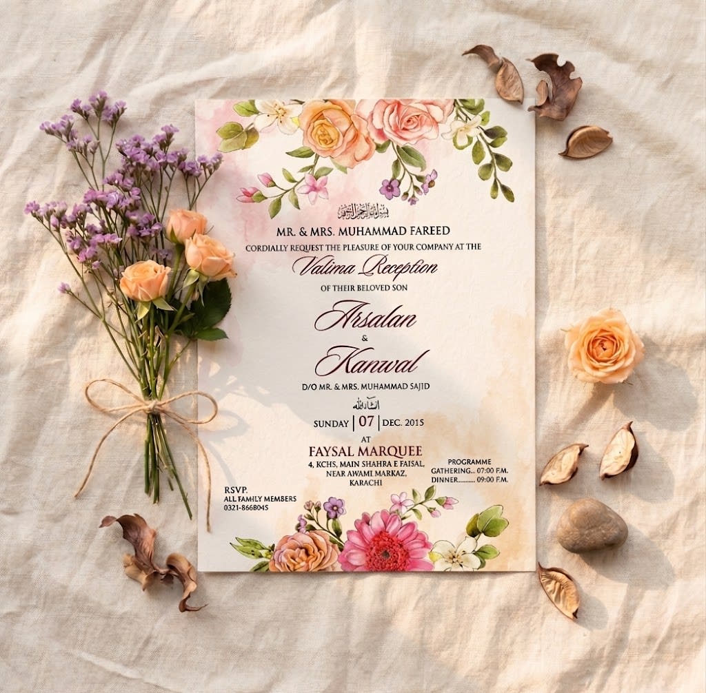 Valima Day Pink Banded Floral Invitation Card | Shahi Bulawa Karachi thumbnail 2