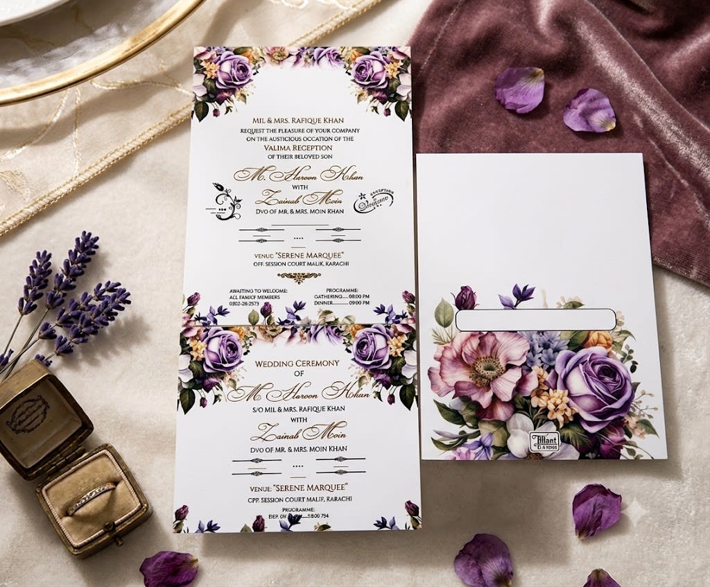 Lilac Vellum Wedding Card with Mix Flowers Print in Karachi - Shahi Bulawa thumbnail 2