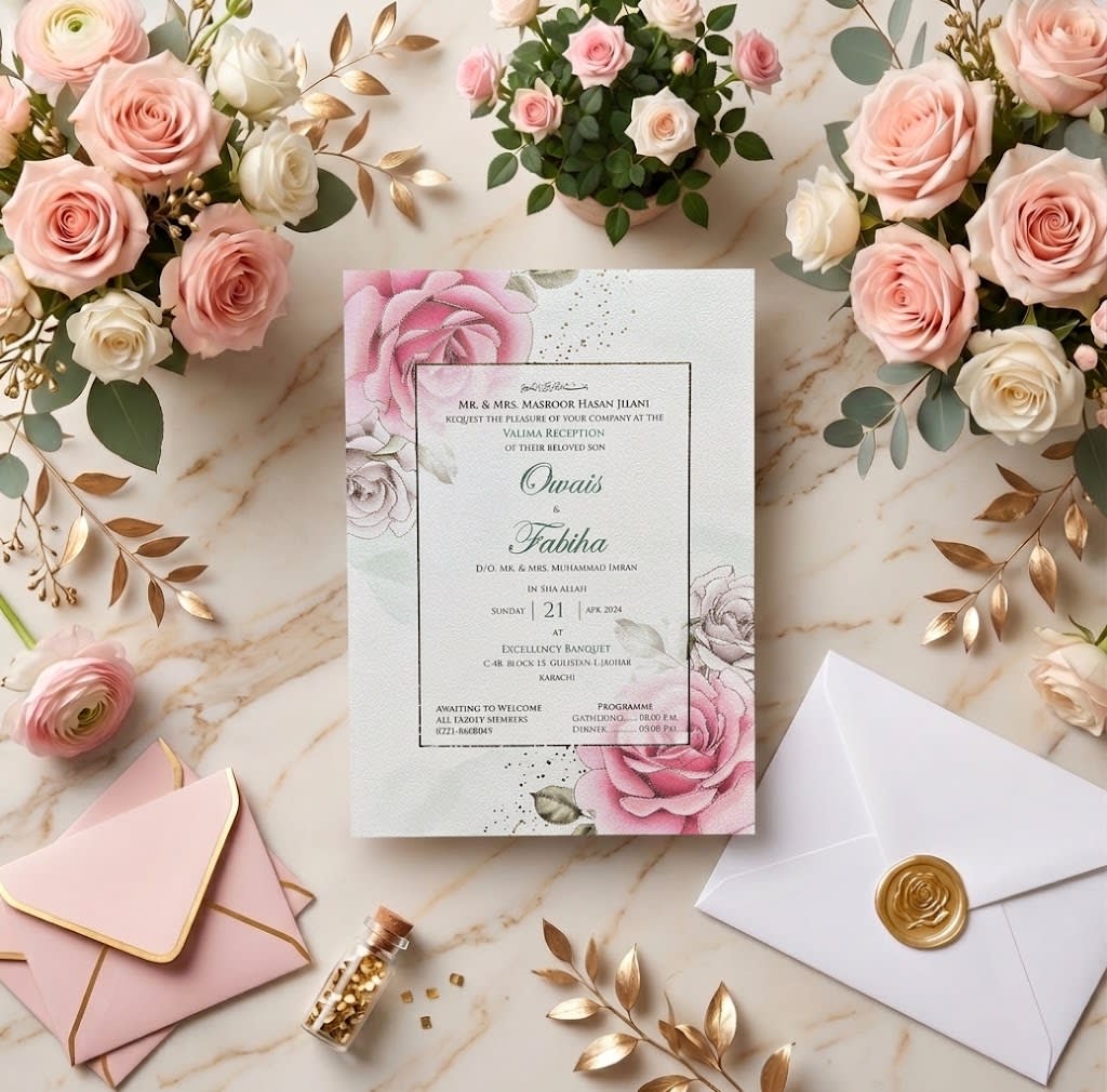 Large Pink Rose Valima Reception Card | Shahi Bulawa Karachi thumbnail 2