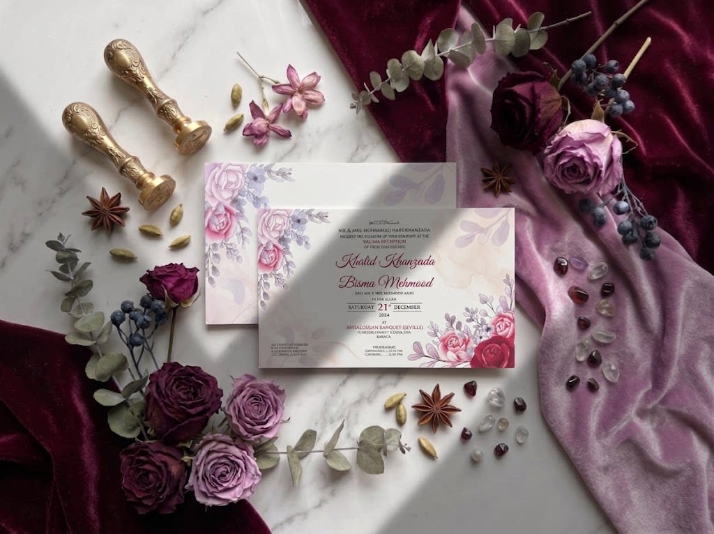 Mauve & Burgundy Rose Landscape Wedding Card | Shahi Bulawa Karachi thumbnail 3