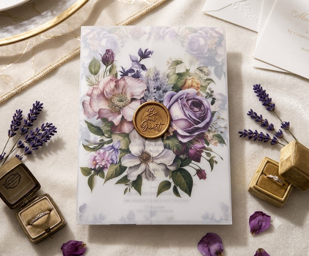 A translucent vellum gatefold wedding invitation printed with a mixed lilac and pink floral bouquet