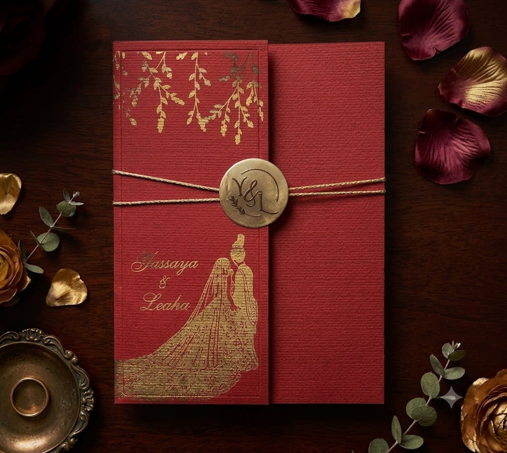 Red Frosted Acrylic Wedding Card with Gold Foil Vines in Karachi - Shahi Bulawa thumbnail 2