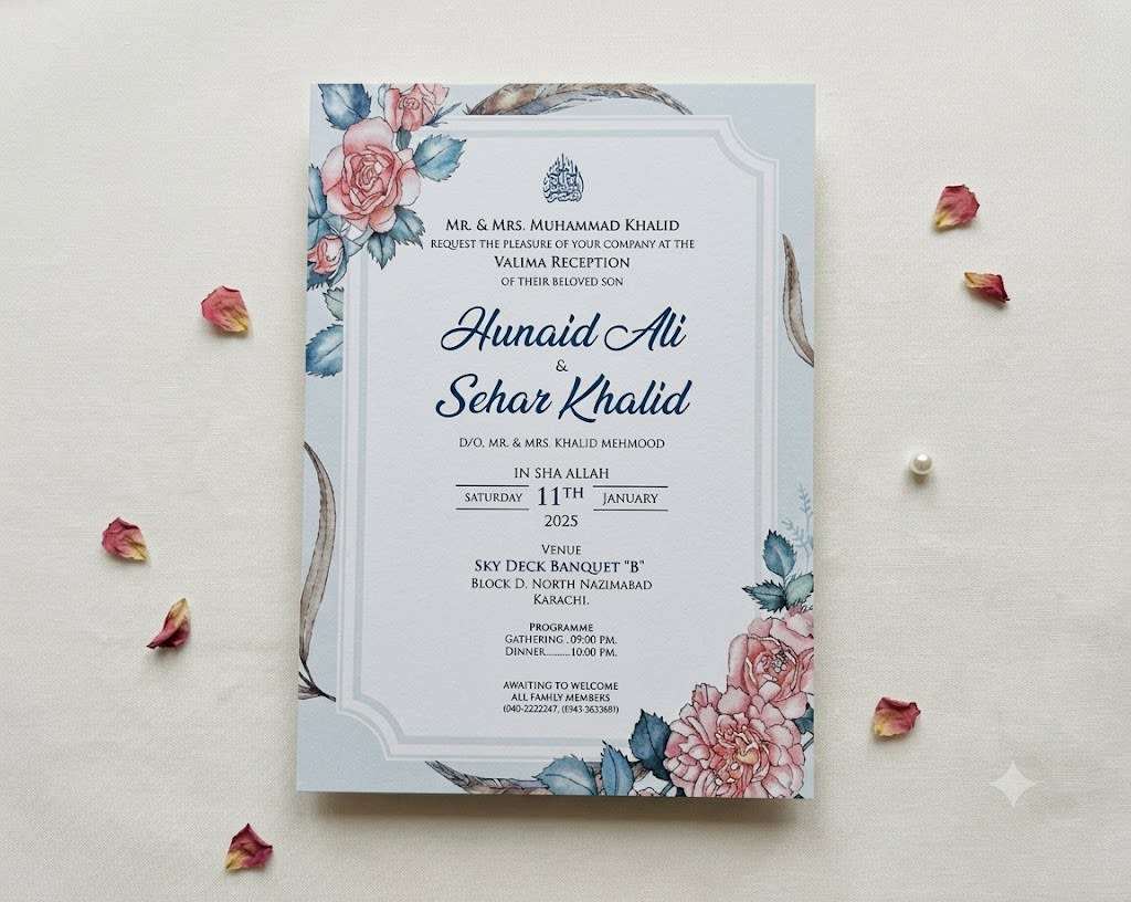 Blush Pink and Blue Floral Wedding Card with Oval Frame in Karachi - Shahi Bulawa thumbnail 2