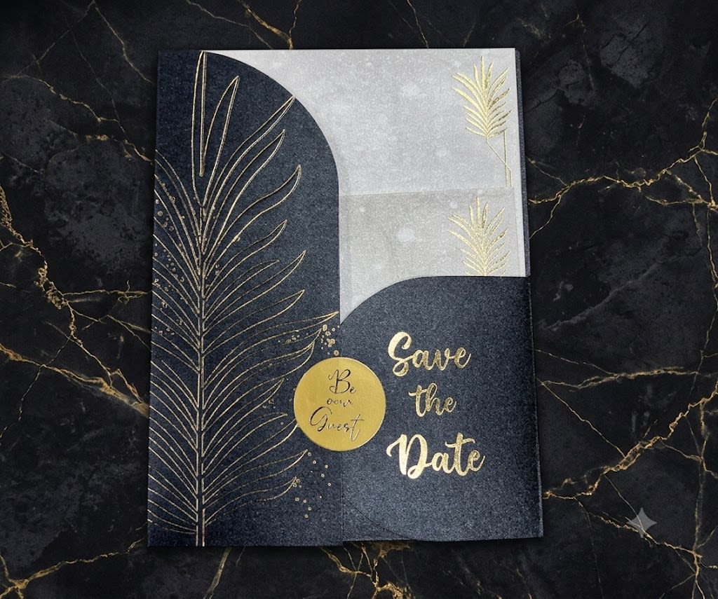 Minimalist Save the Date Wedding Card with Gold Leaf Pouch in Karachi - Shahi Bulawa