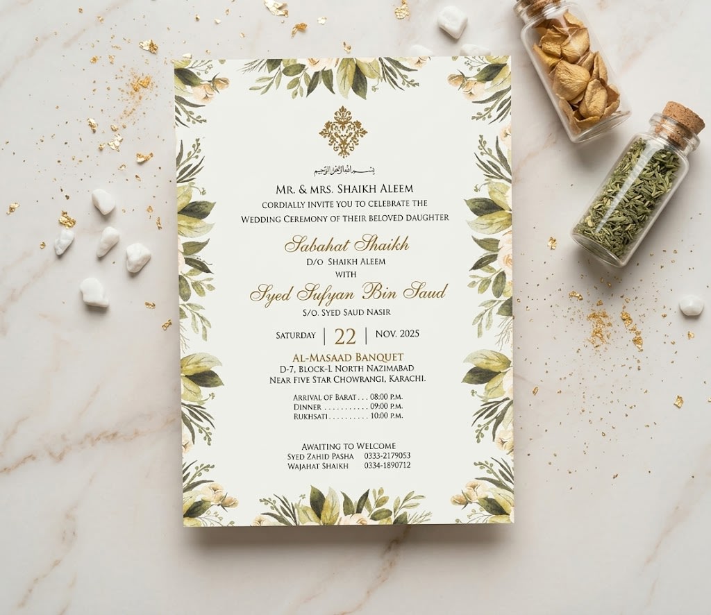 Sage Green Floral Spray Wedding Invitation Card | Shahi Bulawa Karachi thumbnail 2