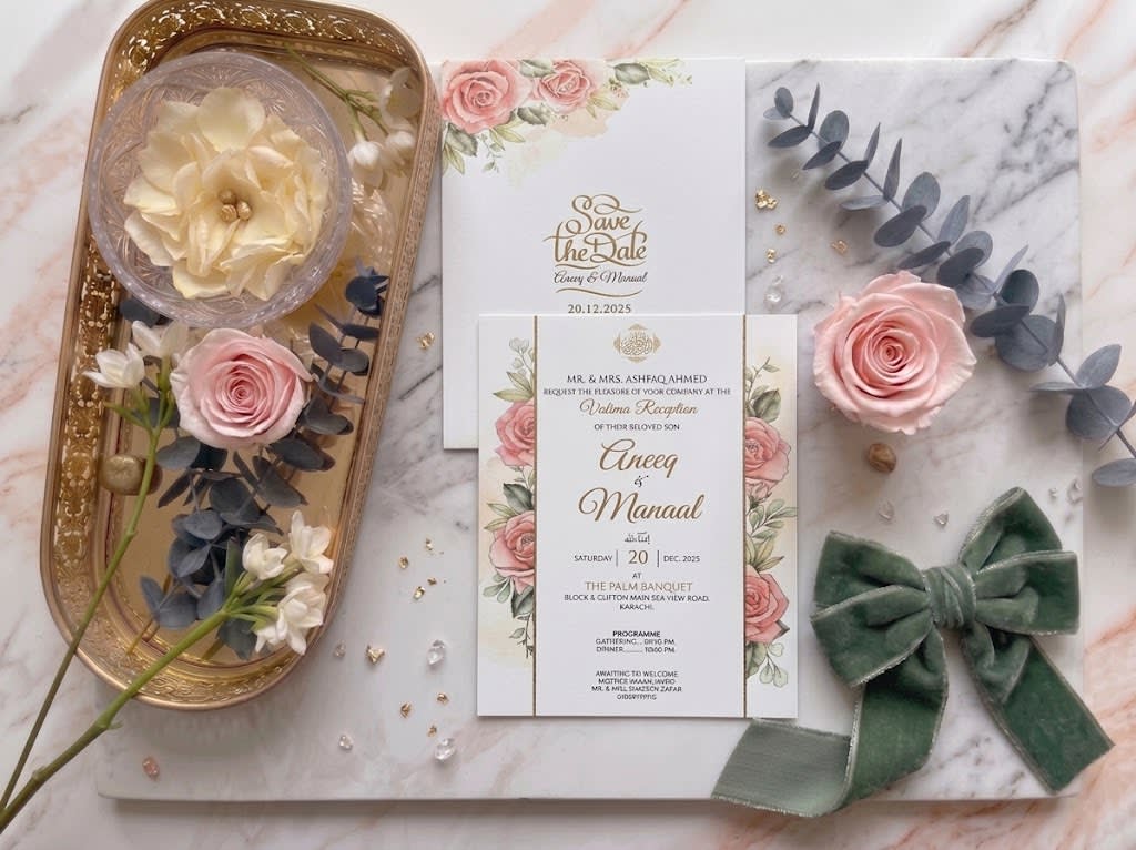 Peach Rose Corner Watercolour Save the Date Card | Shahi Bulawa Karachi thumbnail 3