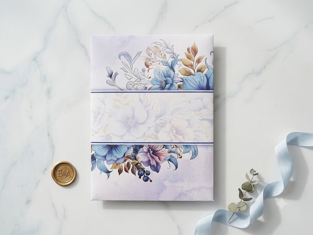 A premium blue watercolor wedding card suite featuring a horizontal belly band envelope cover and matching floral insert card.