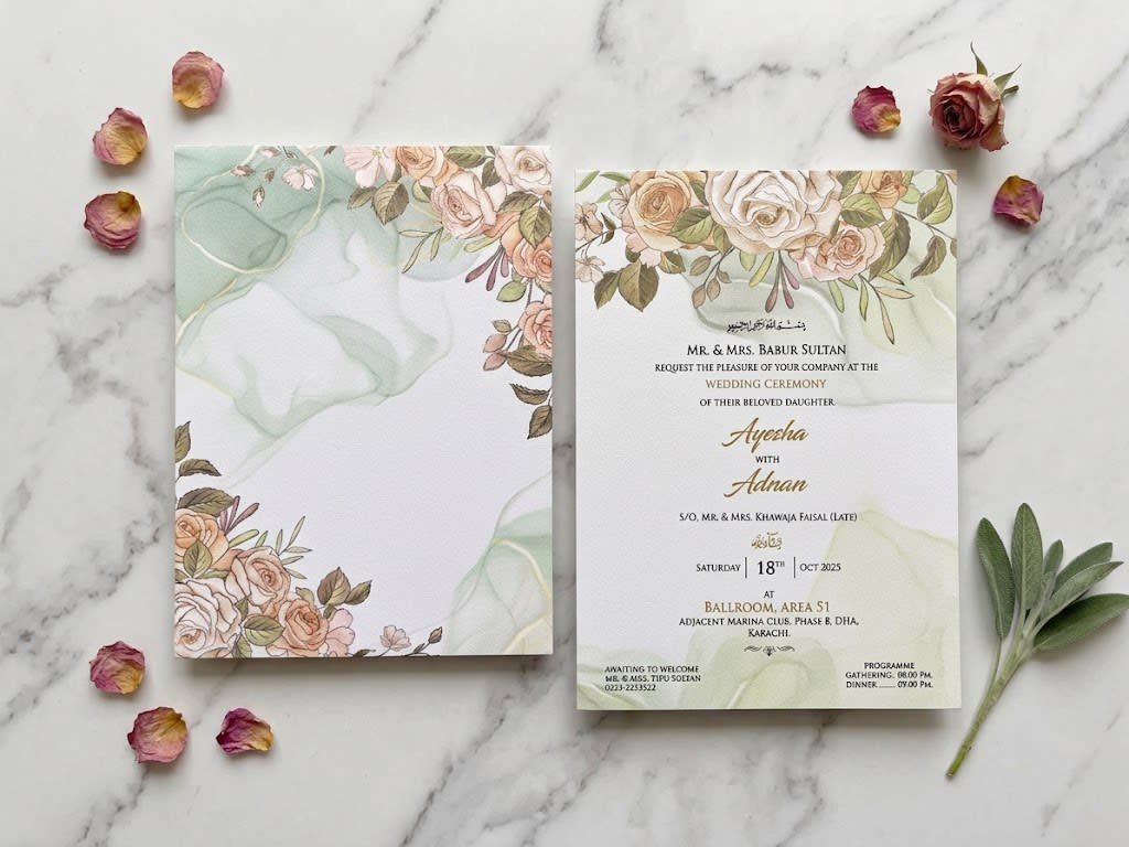 Sage & Gold Marble Rose Save the Date Card | Shahi Bulawa Karachi thumbnail 3