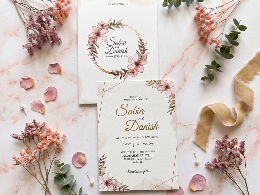 Gold Geometric Line Floral Wedding Card | Shahi Bulawa Karachi thumbnail 3