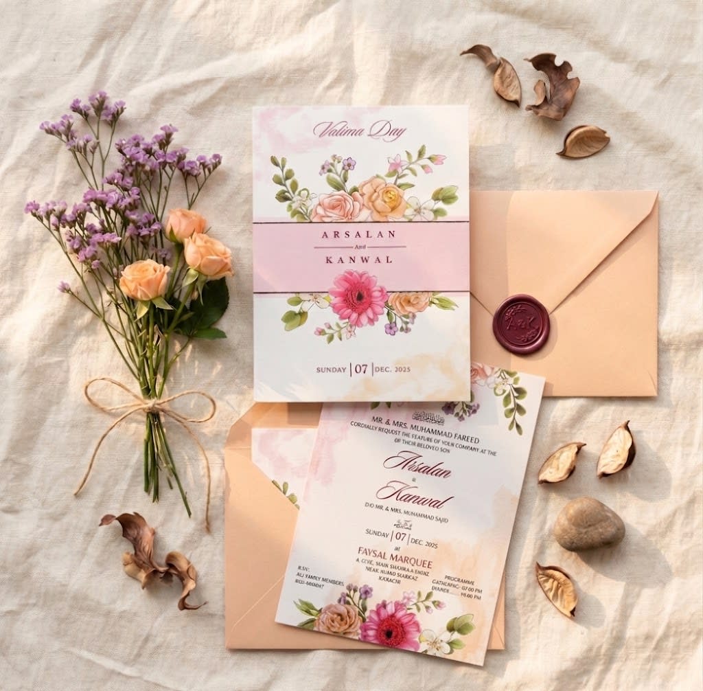 Valima Day Pink Banded Floral Invitation Card | Shahi Bulawa Karachi thumbnail 3