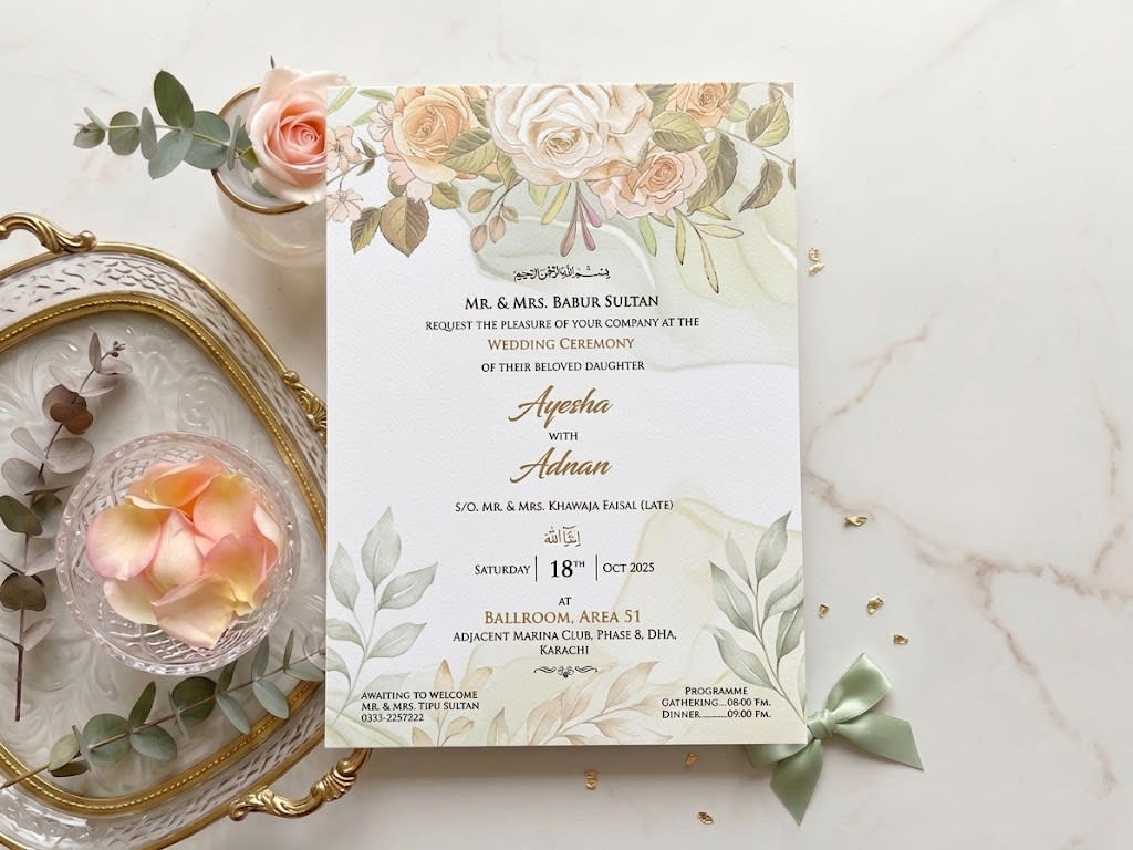 Sage & Gold Marble Rose Save the Date Card | Shahi Bulawa Karachi thumbnail 2