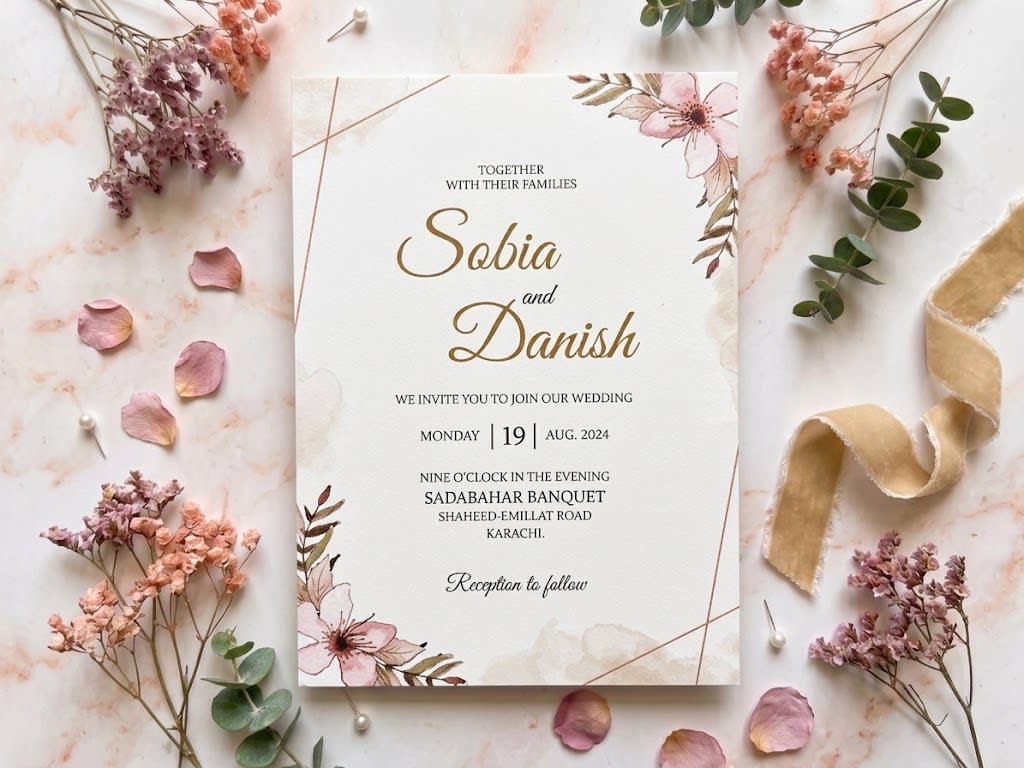 Gold Geometric Line Floral Wedding Card | Shahi Bulawa Karachi thumbnail 2