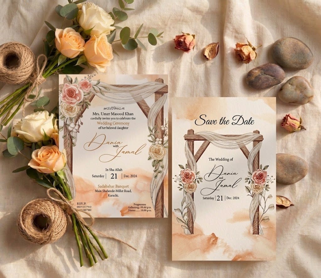 Watercolour Floral Arch Save the Date Card | Shahi Bulawa Karachi thumbnail 3