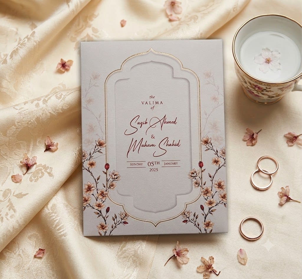 An elegant die-cut baroque window wedding card suite featuring gold foil lines
